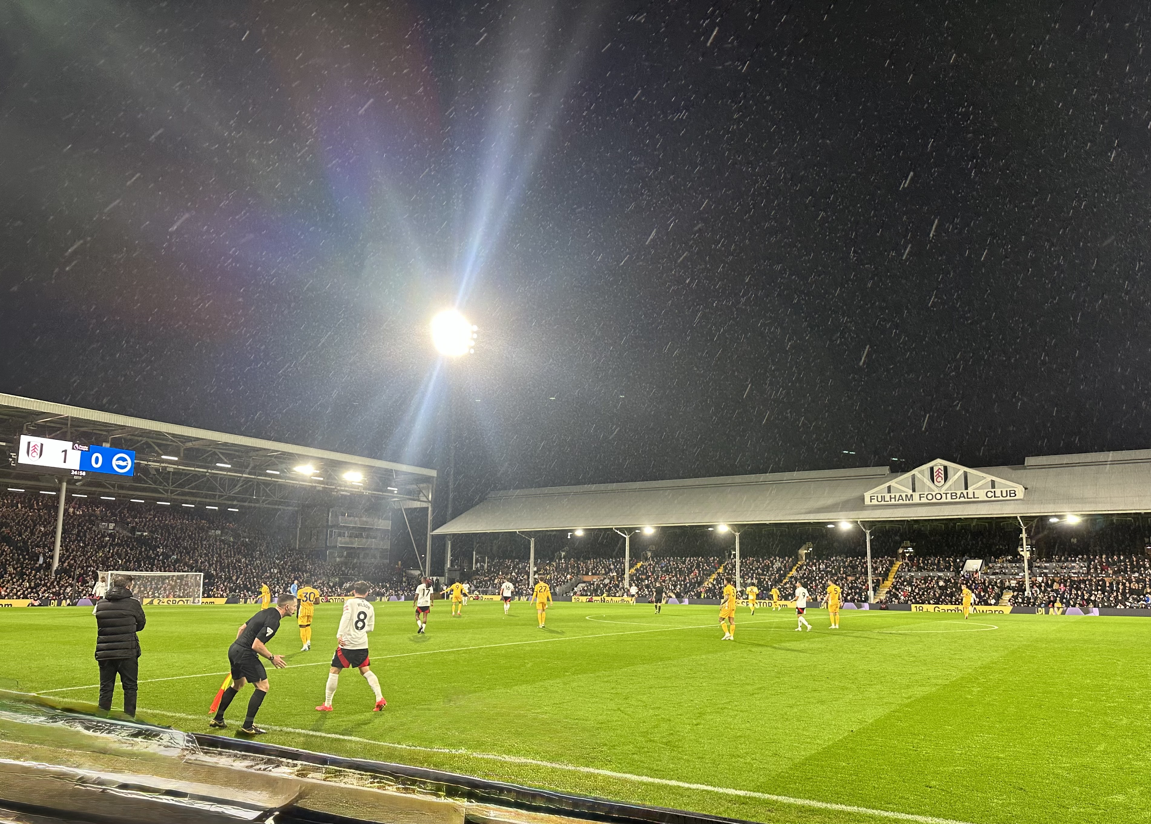 Fulham 1-0 Brighton in the rain, Craven Cottage stand