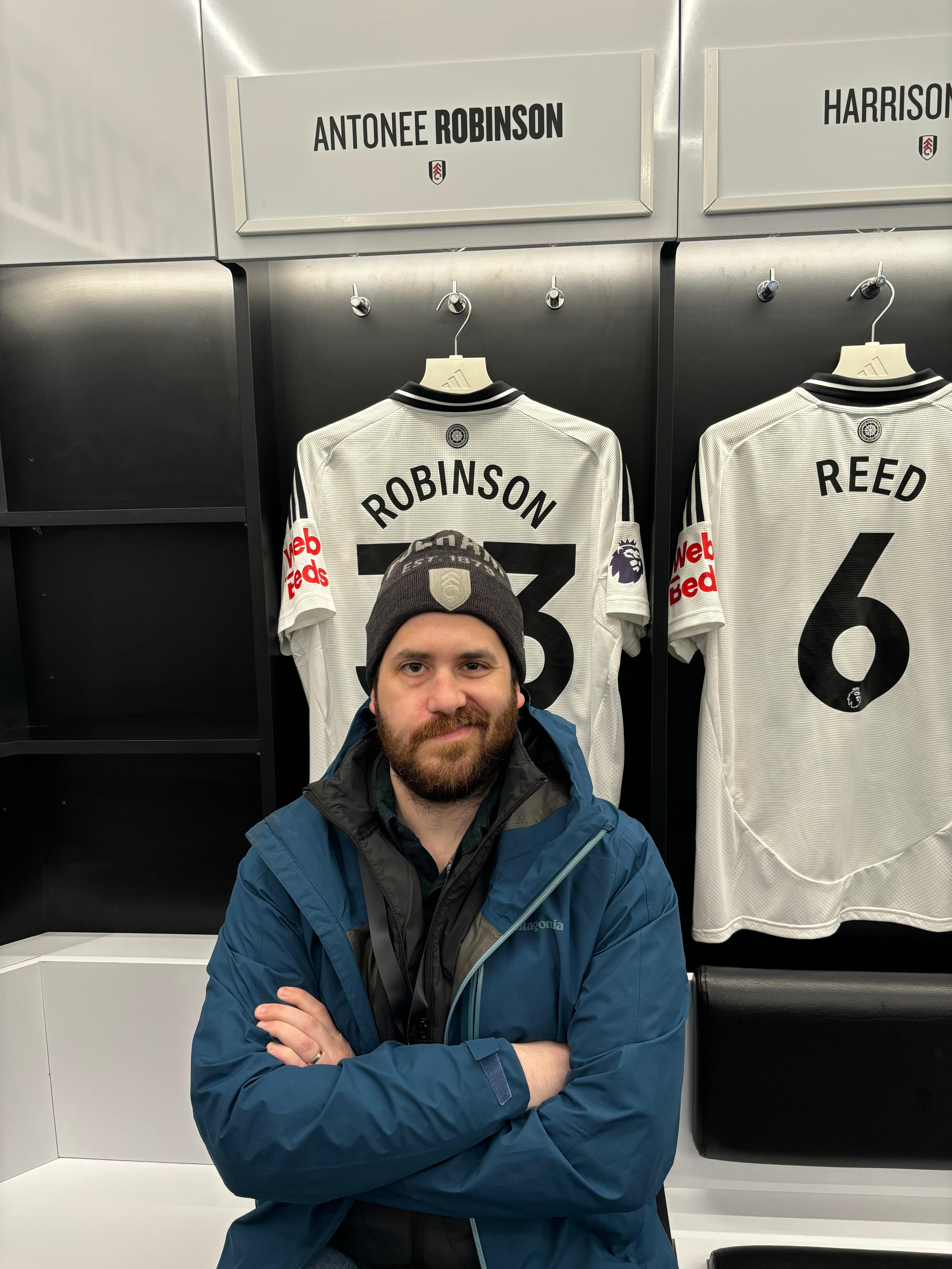 Fulham Boston supporter in the Craven Cottage dressing room